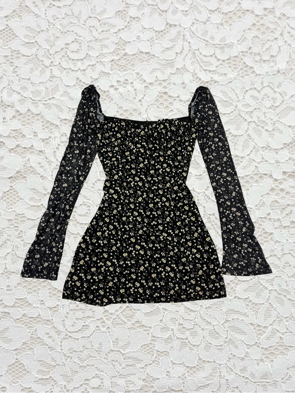 princess polly black floral mini dress with bell sleeves